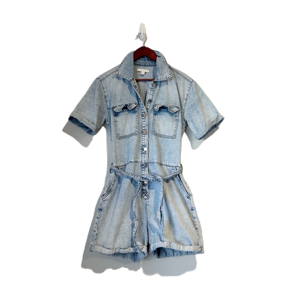 Chelsea & Violet Light Wash Blue Jean Short Sleeve Romper Jumpsuit